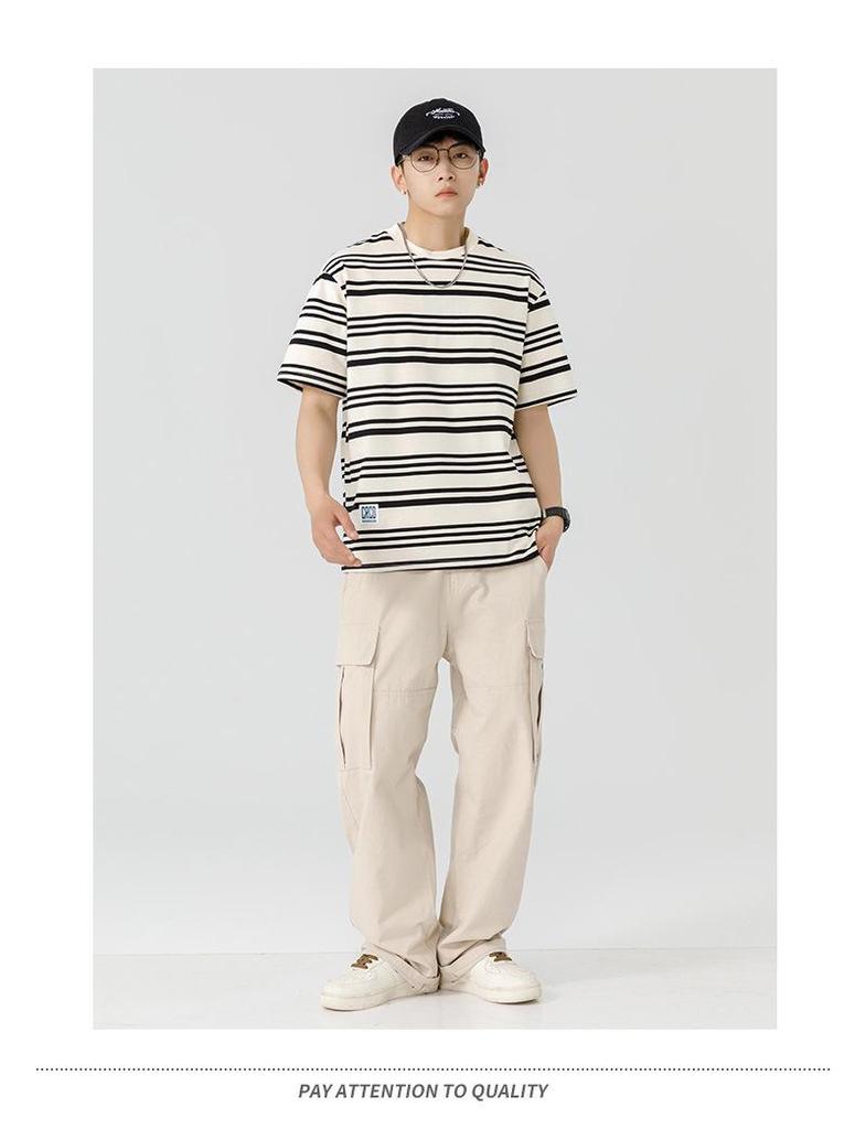 Sailor Style Japanese Striped Cotton Short Sleeve Men's T-Shirt: Loose Fit for Couples & Teens