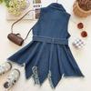 Girls' Trendy Denim Vest Dress: Summer 2026 Waist-Cinched Irregular Frayed Hem Sleeveless Style