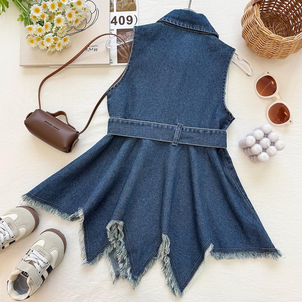 Girls' Trendy Denim Vest Dress: Summer 2026 Waist-Cinched Irregular Frayed Hem Sleeveless Style