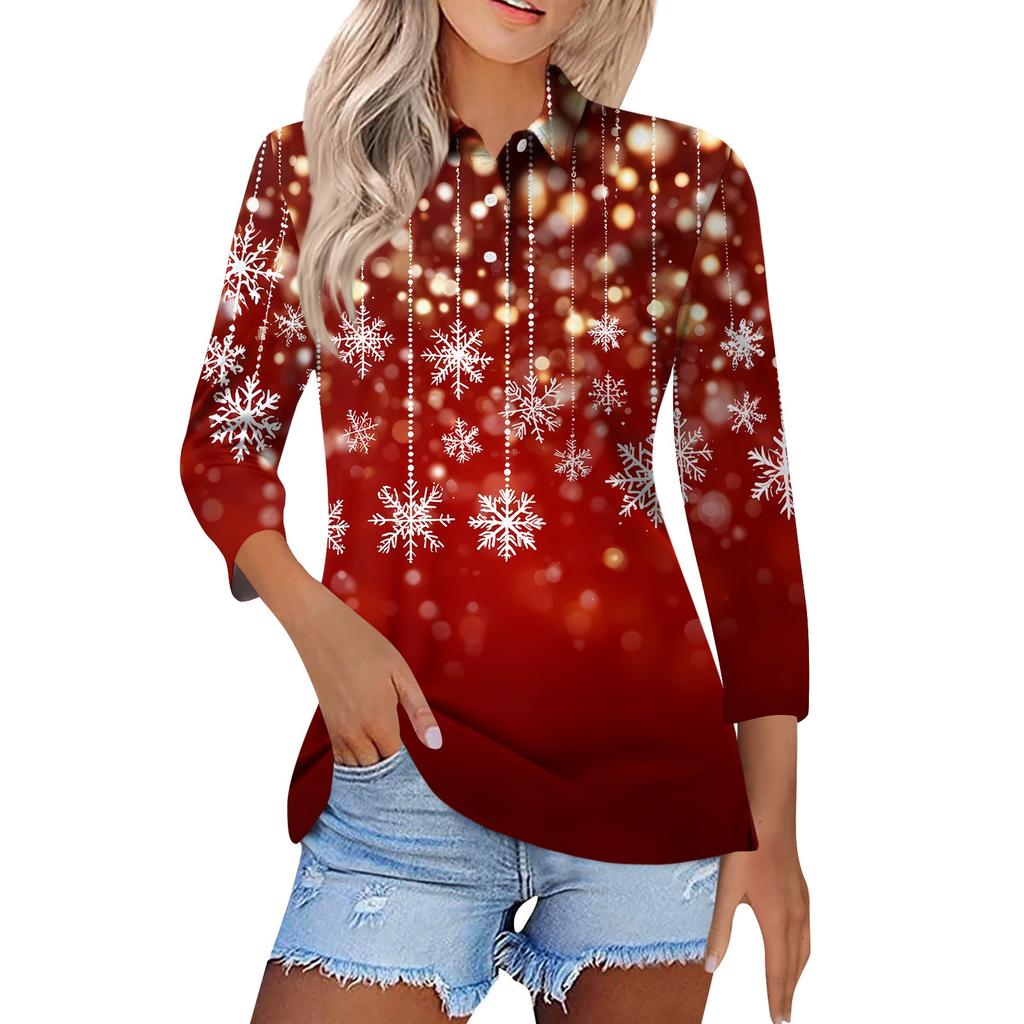 Dámská móda Ležérní klopa Krátký 3/4 rukáv Vánoční potisk Košile Dámské knoflíkové topy