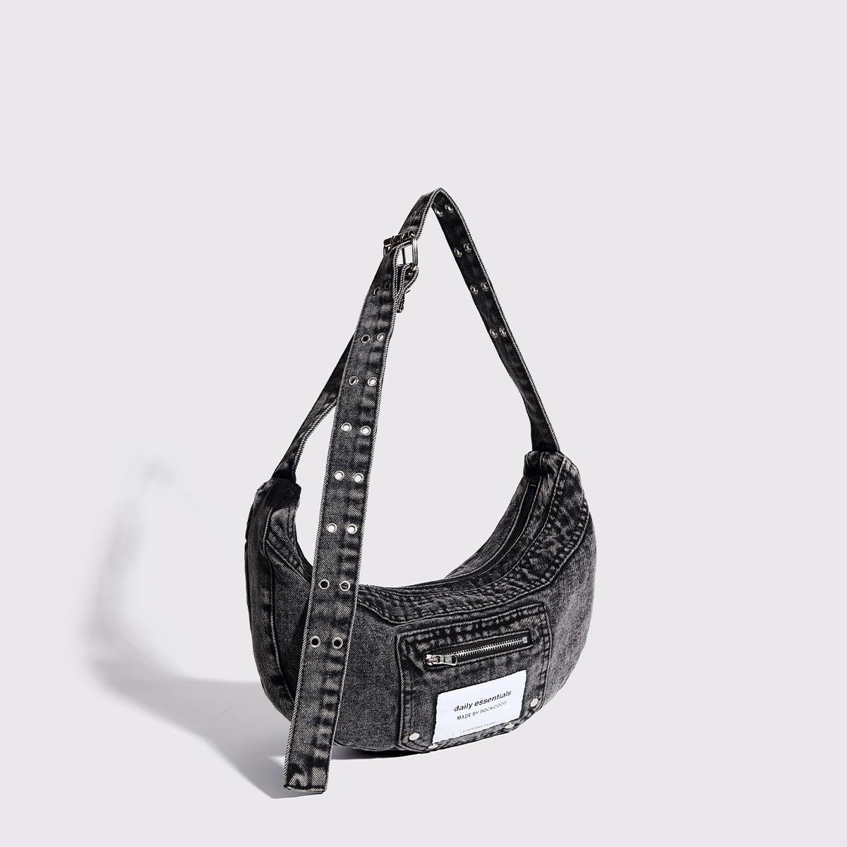 

Новая сумка подмышку с нишевым дизайном, ретро джинсовая сумка-пельмень с эффектом потертости чёрный