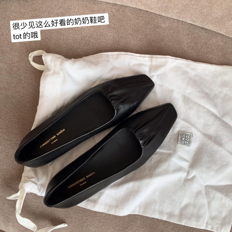 

Lambskin square head flat-soled grandma shoes women s single shoes summer 35 чёрный