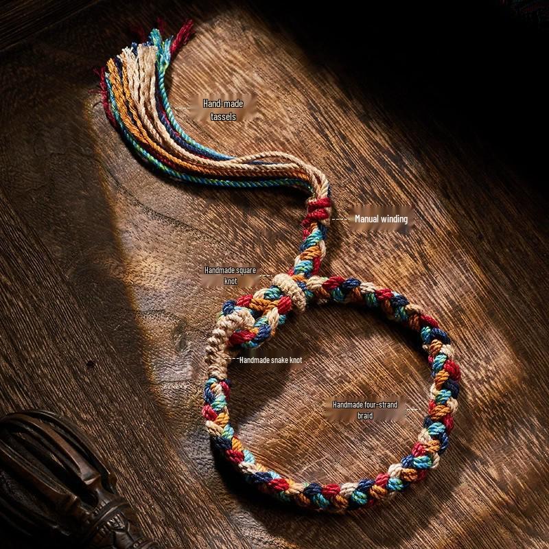 Tibetan Five-Color Handwoven Adjustable Cord Bracelet with Tassel