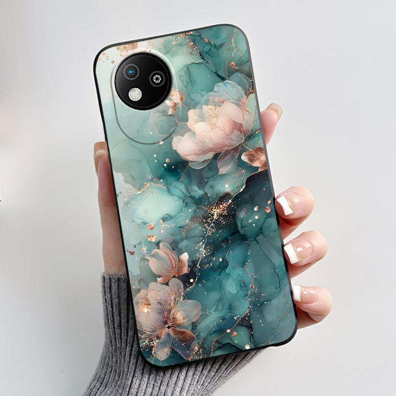For ZTE Blade A35 Lite/A35 Core Jelly Soft Black Cover Romantic Scenery Pattern Coconut Tree Wildflower Sunflower Casing