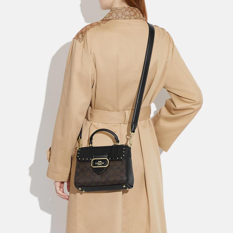 Coach Handbag Morgan Series 21 Classic Old Flower All-over Printed Buckle Flip Closure Rivet Decoration Leather Shoulder Crossbody Small Size Women's