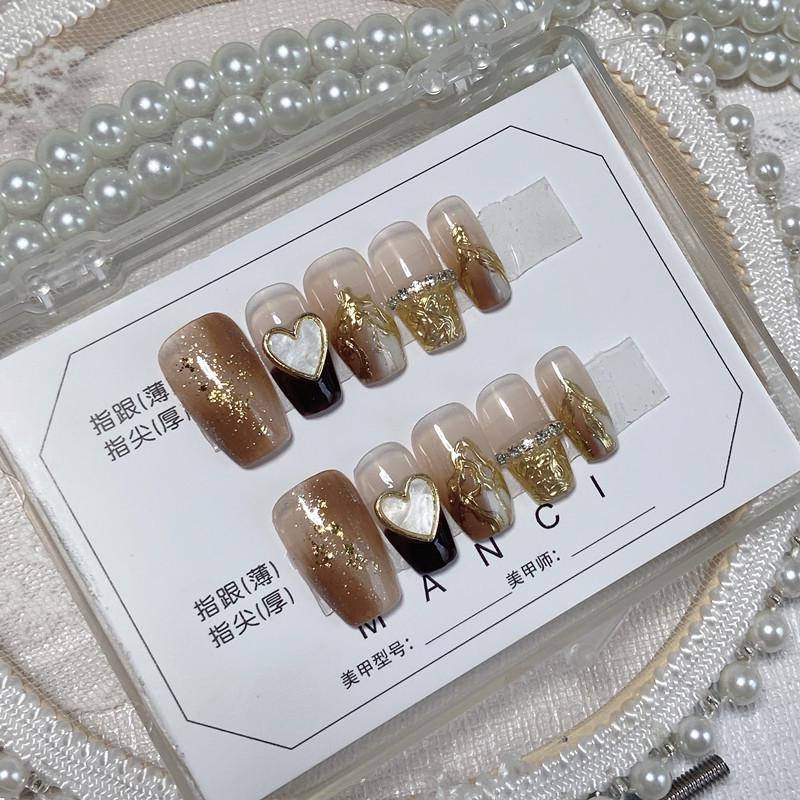 

Короткий Кофе Омбре Золотая Фольга Накладные Ногти - Ручная Работа Съемные Накладные Ногти