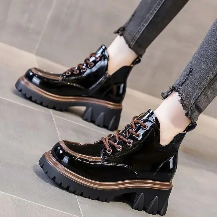 Shoes for Women 2024 Autumn Winter New Chunky Heel Platform Lace-up Women's Boots Fashionable Round Toe Zipper Motorcycle Boots