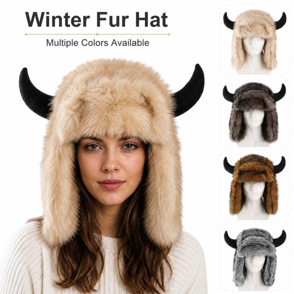 Thick Horn Hat Faux Fur Lined Winter Ski Hat Soft Ear Protection Hat Men