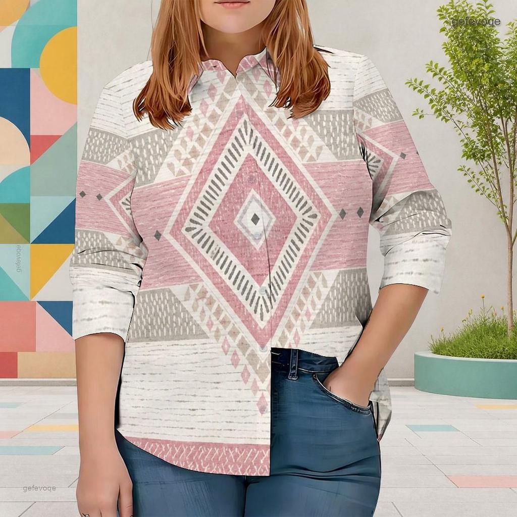 Women Plus Size Collared Long Sleeve Printed Red Floral Button Front Shirt Curved Hem