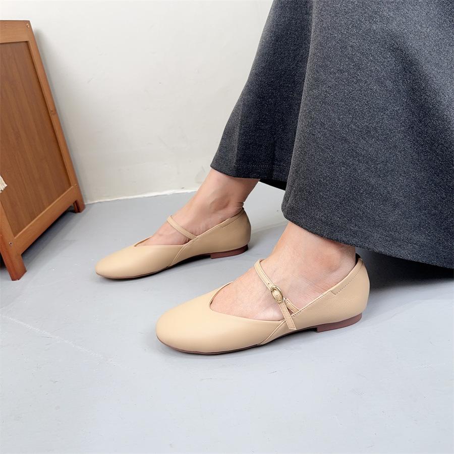 Johnature Handmade Genuine Leather Women's Shoes Retro Round Toe Soft Soled Belt Buckle Flat Shoes