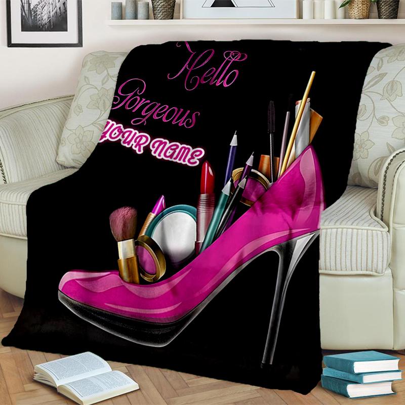 1PC Custom Name Glamorous Makeup Shoes outdooor Flannel blankets Throw Blanket All-Season Throw Gift Bedspread for Couch, Bed, Camping Holiday Birthda