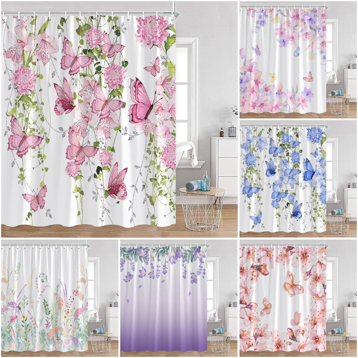 Monika Chen Green Watercolor Flowers Butterfly Shower Curtains Leaves Plants Colorful Floral Bathroom Decorations Polyester Fabric Bath Curt