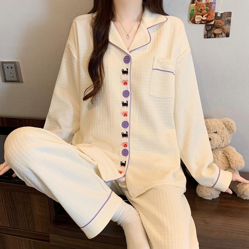 Air cotton pajamas women's autumn and winter long sleeves thickened interlayer warm stars cat student loungewear real shot