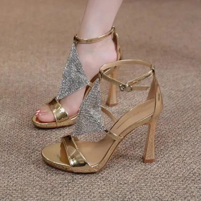 Sexy Women Heels Gold High Heels Sandals Thin Single Strap Metal Stiletto Sandals Silver Heel Shoes Party Evening Wedding Shoes