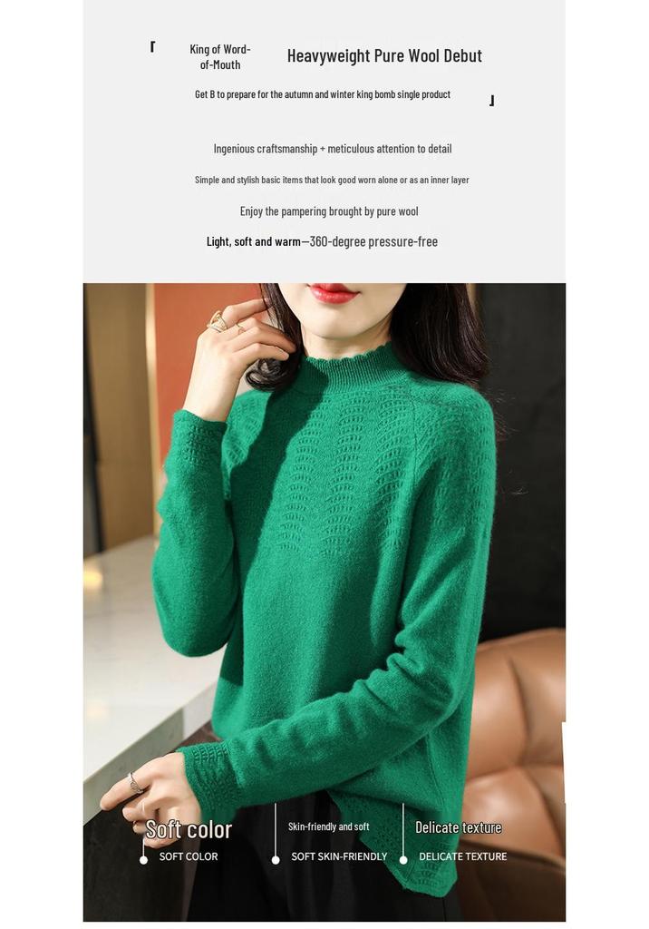Women's Half-High Collar Wool Knit Sweater: Long Sleeve, Versatile Base Layer with Hollow Knit Design for Autumn and Winter