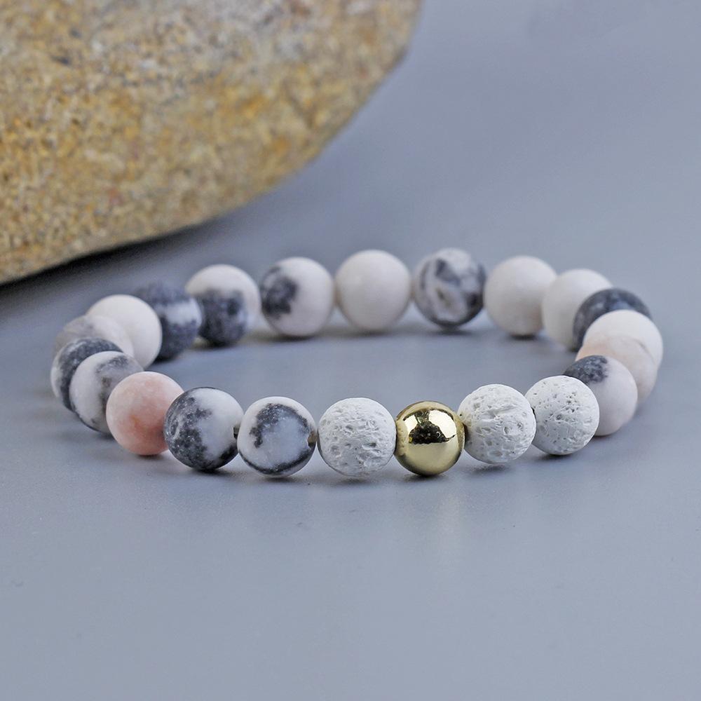 Custom Fashion Bracelet Natural pink zebra Stone Gold Bead String Elastic Bracelet Jewelry