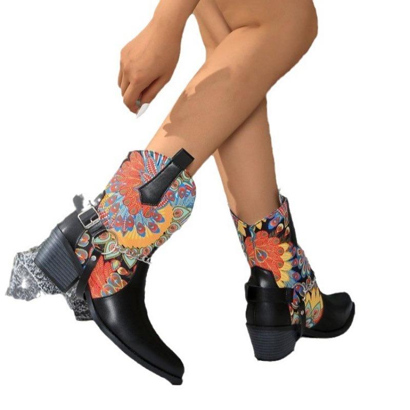 Large size autumn and winter women's boots flower multi-colored metal chain V-mouth western cowboy boots