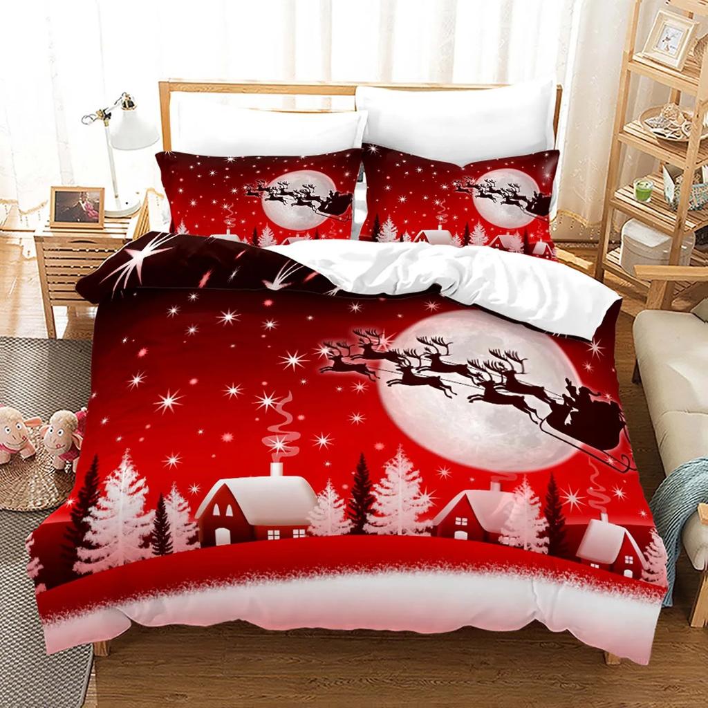 Red Christmas Duvet Cover Santa Claus Snowman Bedding Set Microfiber Cartoon Comforter Cover With Pillowcases
