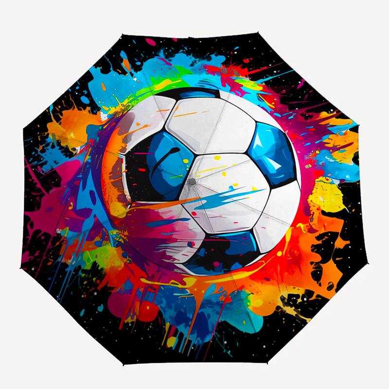 Soccer Ball Artwork Automatic Folding Umbrella  Simple Eight Rib Design, Bright Color Pattern, Durable Iron Frame, Ideal for Travel and Outd
