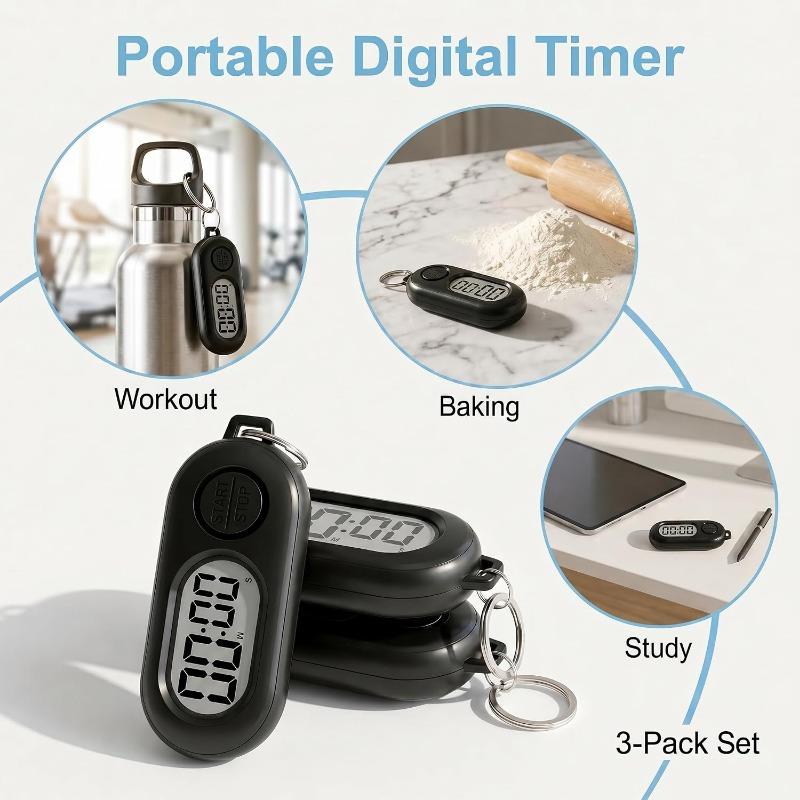 3 Pack Mini Keychain Timer, Portable Digital Pocket Stopwatch & Countdown Clock, Small Clip On Timer for Gym Workout, Cooking, Study & Classroom,