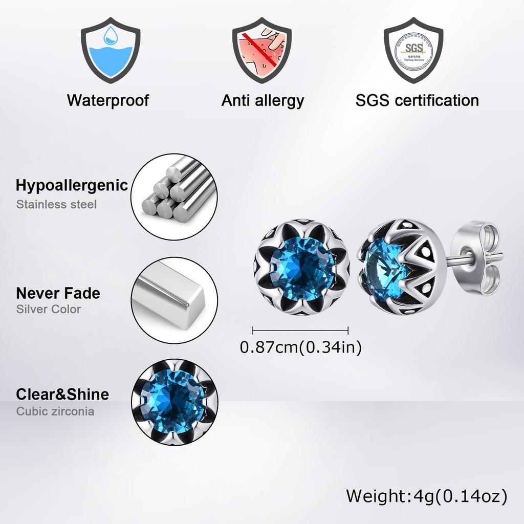 Sea Blue Stud Earring for Men Boys,Hypoallergenic Stainless Steel Round Metal Earrings,Stylish Jewelry Gift