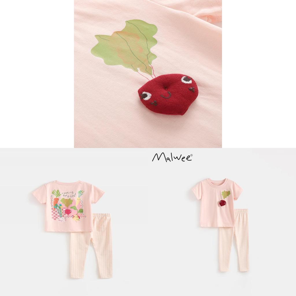 Girl Summer Cotton Cartoon Twopiece Set With Tshirt And Pants For Kids