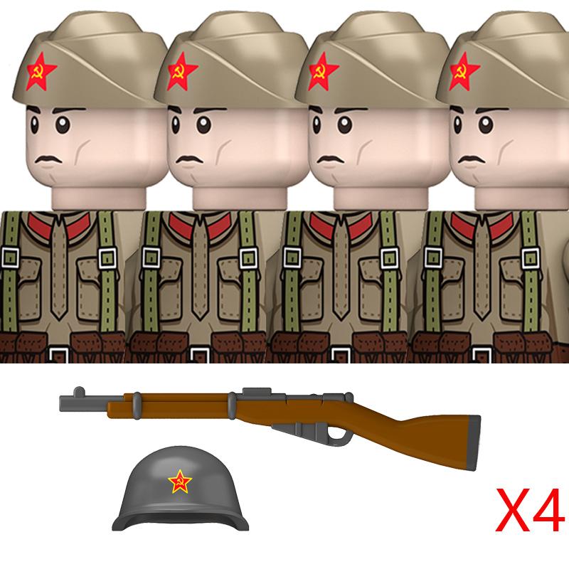 Non-Toxic Military Ww2 Soviet M35 Uniform Figures Building Blocks Russia Army Infantry Boat Hat Steel Helmet Pps Weapons Bricks Toys Kids