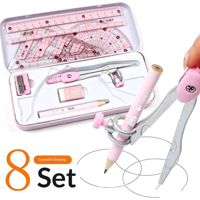 8Pcs/Set Geometry Math Drawing Stationery Set, Ruler Compass Pencil Kit For Students, School Supplies Gift For Boys & Girls
