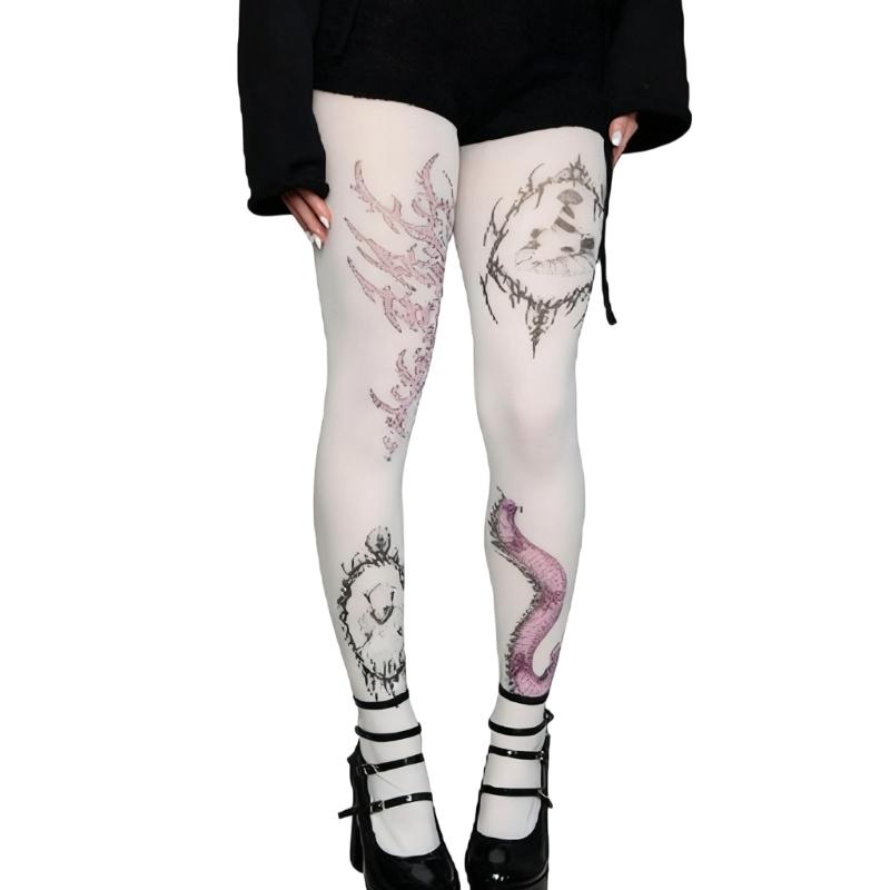 Whimsy Cute Printed Opaque Tights Stockings for Women Japanese Elegant Gothic Grunge Patterned White Pantyhose Leggings