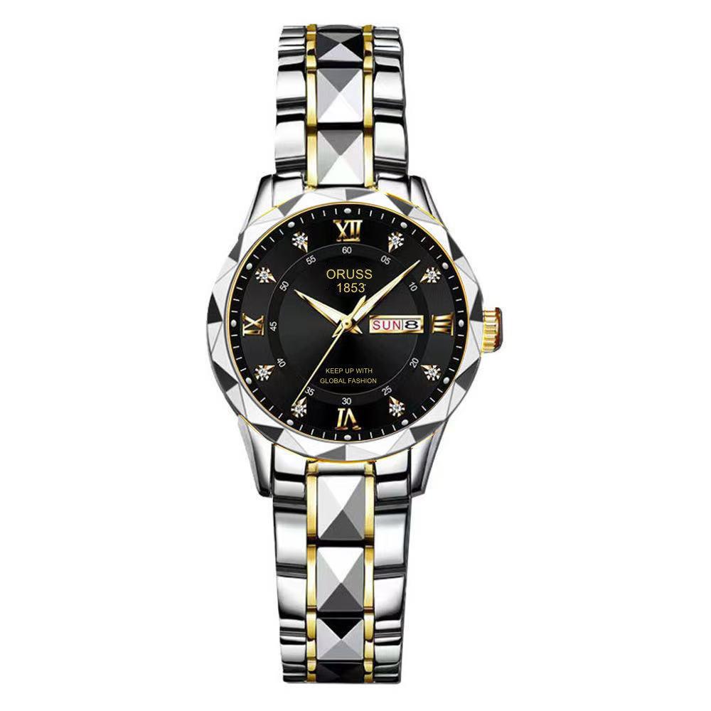 Women'S Fashion Rhombus Double Calendar Luminous Waterproof Quartz Watch Solid Belt