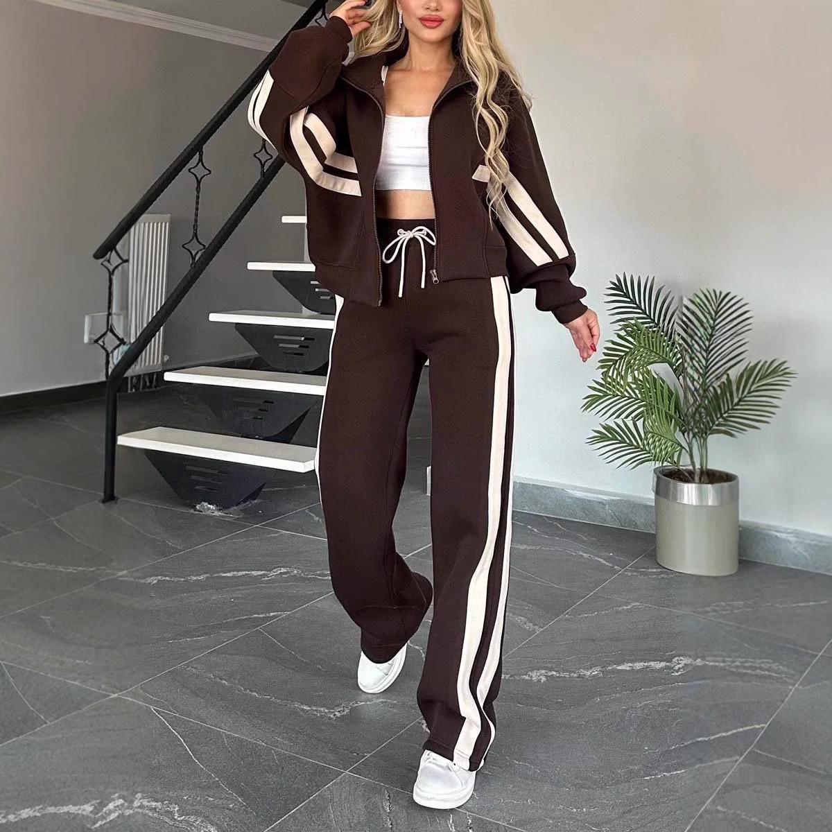 

2024 Y2K Striped Zipper Jacket & Sportswear Set for Women - European & American Autumn Collection M чорний