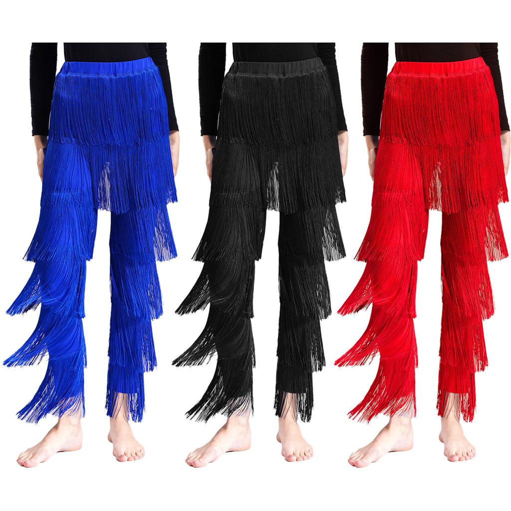 Womens Fringed Dance Pants Elastic Waist Tassel Design Tango Cha Cha Performance Trousers Tiered Latin Costume