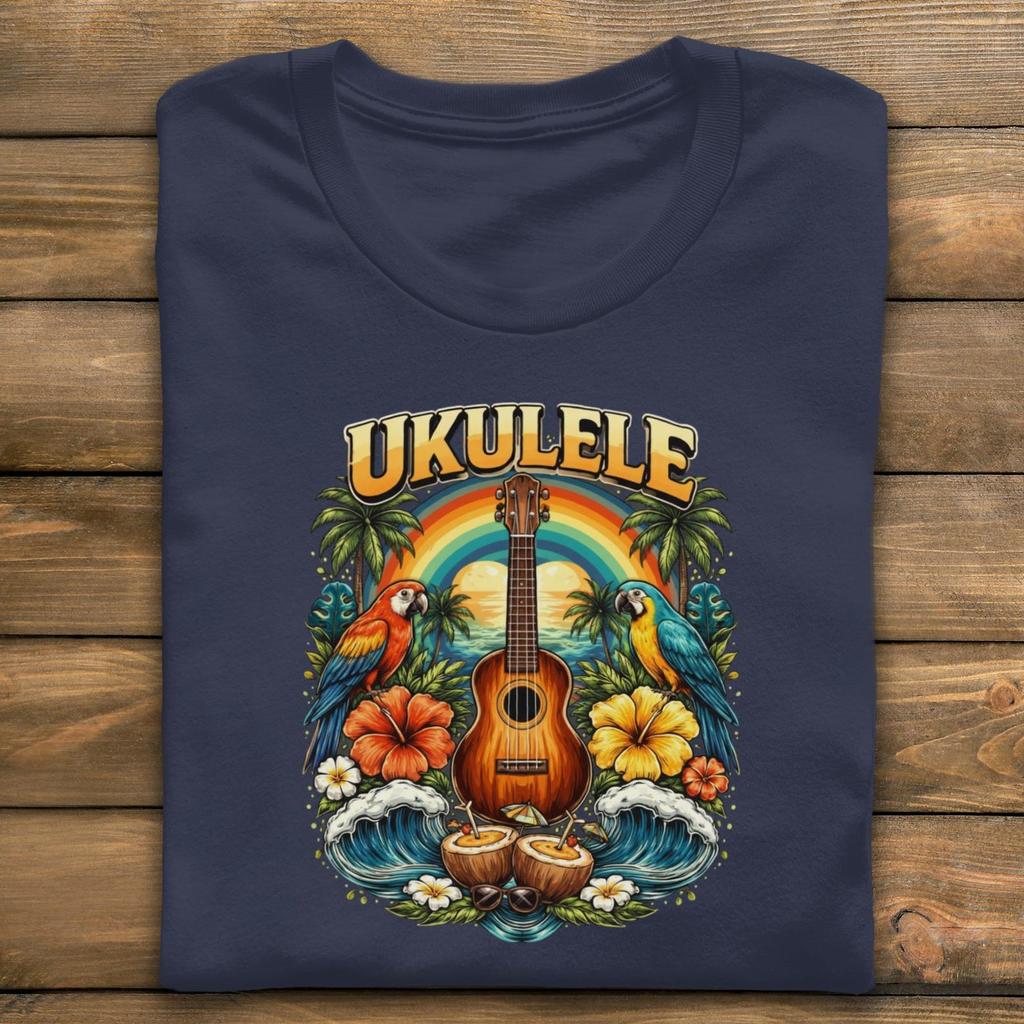 Ukulele Shirt With Rainbow, Parrots, and Hibiscus, Tropical Graphic Tee