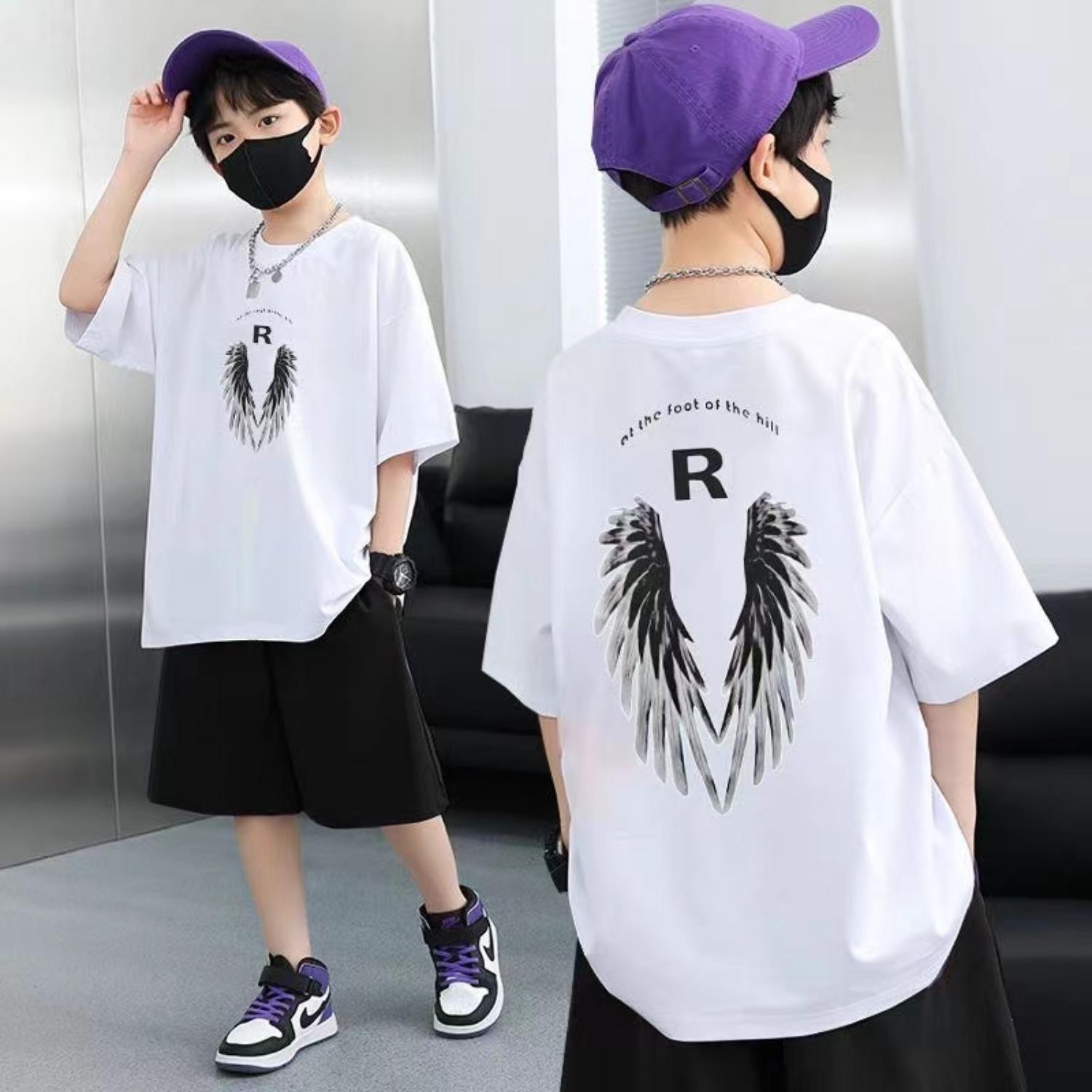 

Summer boys and children s clothing set, girls wing printed short sleeved T-shirt and shorts 2-piece set 13-14 Years