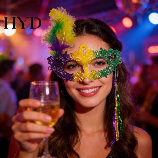 Lace And Bead Masque Masquerade Carnival for Women Mardi Gras Purple Green Yellow Feathered Feather Prom Ball Wedding Halloween Party Favors Vibrant