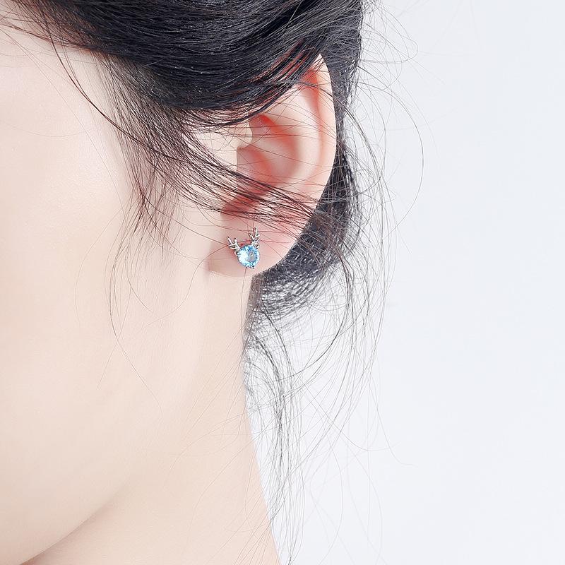 Blue Diamond Rhinestone Antler Fawn Stud Earrings - Simple, Elegant Christmas Mori Style for Women