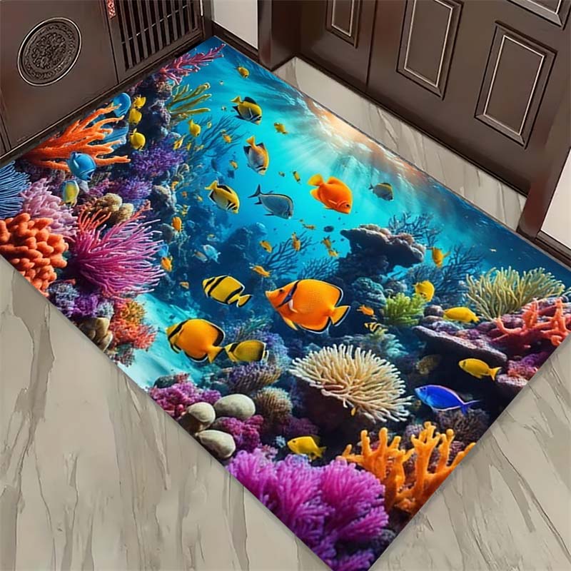 Ocean Life Print Doormat, Non-Slip Entrance Floor Mat with Sea Turtle, Dolphin & Octopus Design, Indoor Rug for Sea Lovers