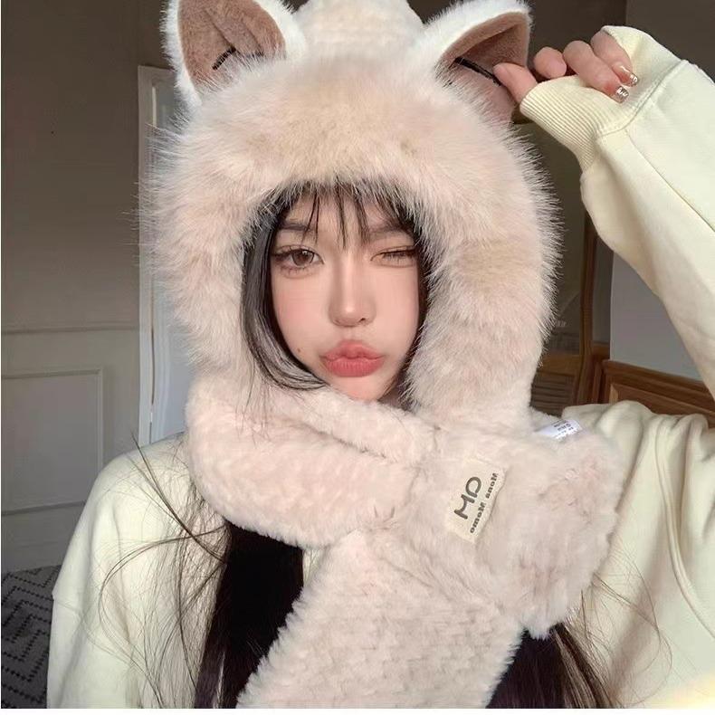 New cute plush hat and scarf two-piece set with fox ears, hat and scarf in one piece