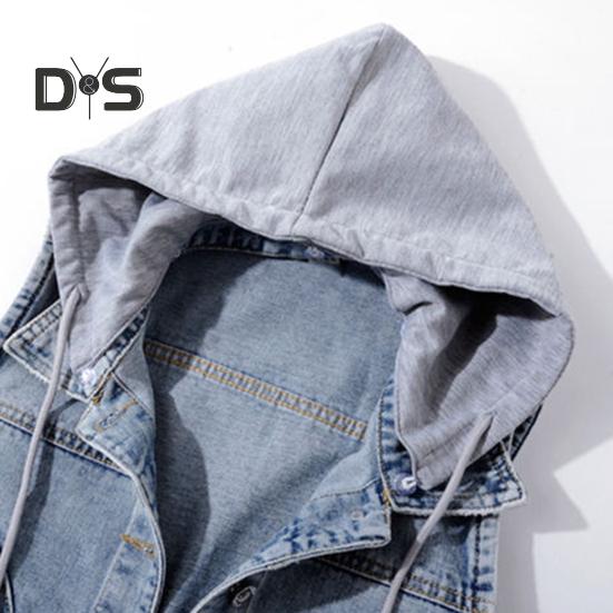 Τζιν παλτό με φερμουάρ, φθινοπωρινή άνοιξη, μονόπετο, αμάνικο, κουκούλα, τσέπες, φαρδύ μπουφάν, κορδόνι, κοντό γιλέκο για καθημερινή χρήση