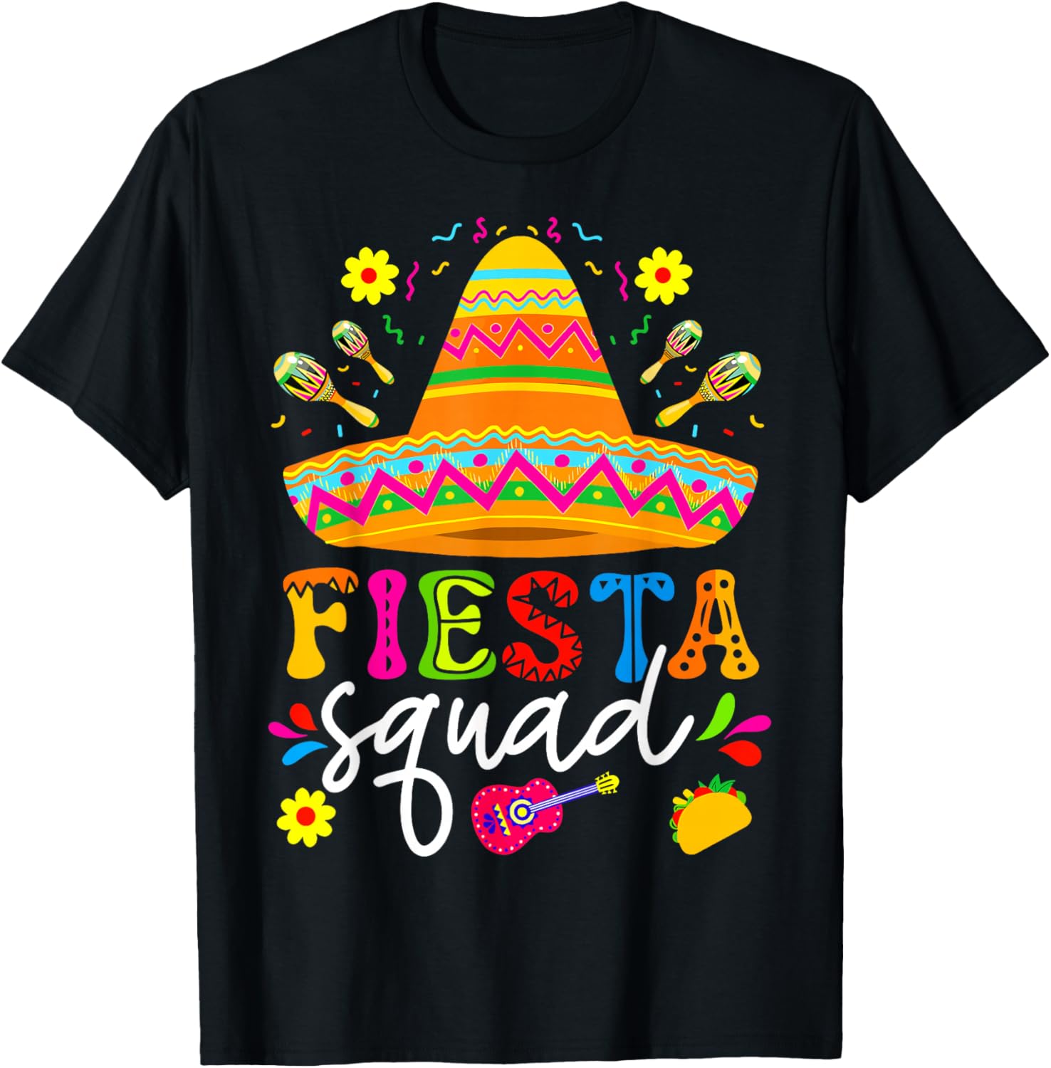 Fiesta Squad Sombrero Maracas Taco Graphic Tee Men Casual Cotton Short Sleeve T-Shirt 4XL