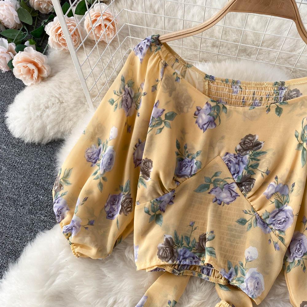 Holiday Style Suit Western Style Puff Sleeve Short Top High Waist Pleated Skirt Chiffon Floral Two-Piece Set