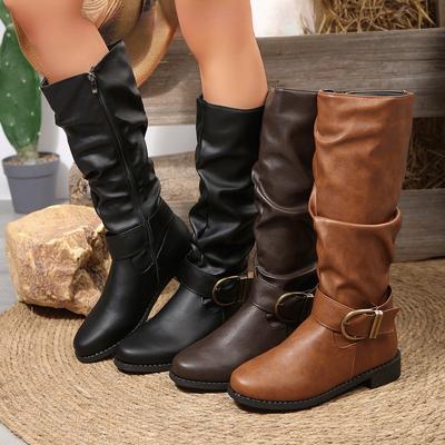 Fashion Vintage Brown Women Knee High Boots Big Size Low Heels Platform Long Boots Autumn Winter Pu Leather Zip Women Warm Booties
