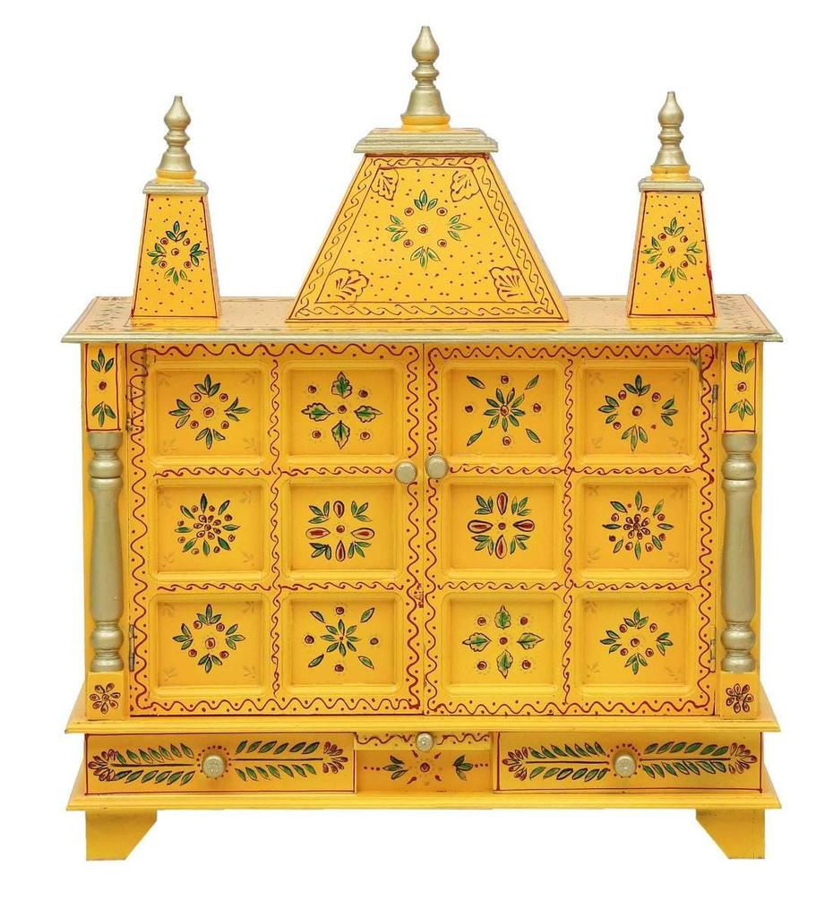 Mandir Pooja in Legno Scolpito a Mano: Altare Spirituale Dipinto di Giallo