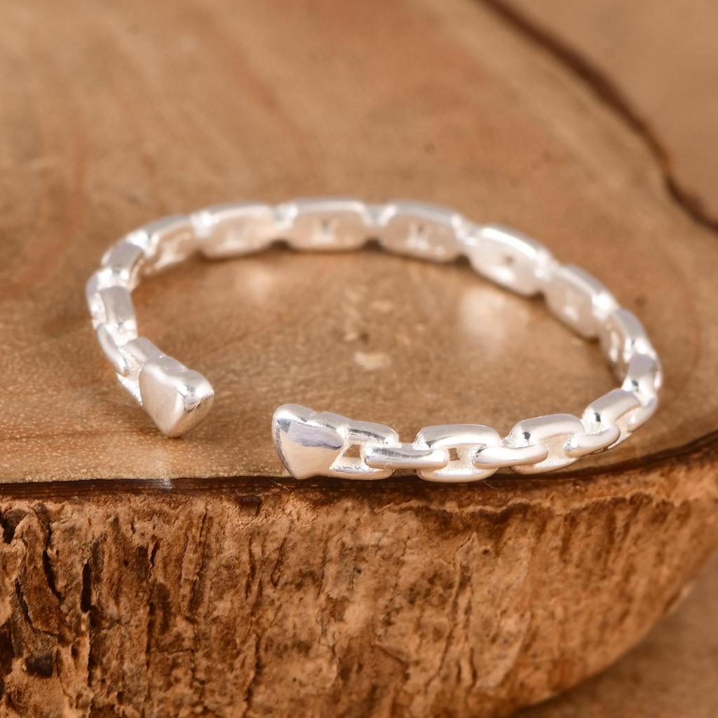 Minimalist Heart Chain Ring,  925 Sterling Silver Open Link Ring – Adjustable Dainty Heart Band, Gift for Love, Anniversary, Gifts for Love.