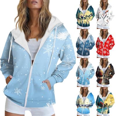 Moletom feminino estampado de natal inverno manga comprida cardigan jaqueta com bolsos zíper capuz agasalho