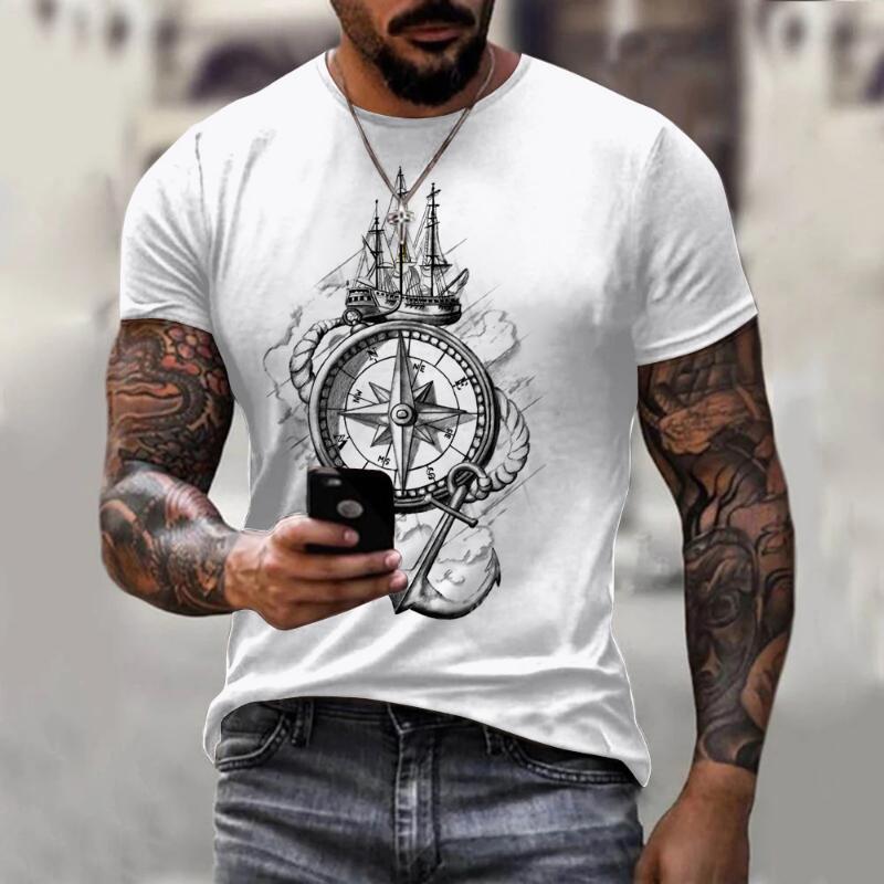 Vintage Men's T-shirt Summer Short Sleeve O-neck 3D Anchors Print Top Tee Shirt Oversized Men's Clothing Casual Streetwear
