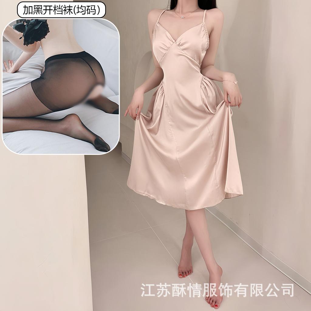 Crispy sexy suspender long hollow backless strap solid color low neck temptation casual nightdress home set