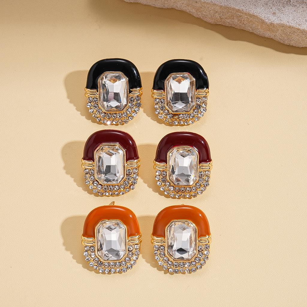 Wind Drop Oil Diamond Oval Square Silver Needle Stud Earrings Court Style Exquisite Premium Earrings