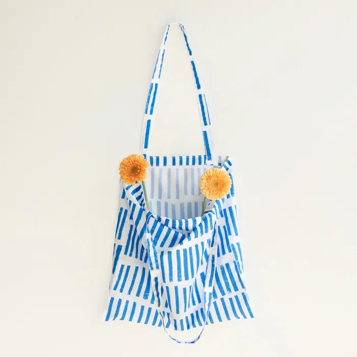 Artist Caroline Corrigan, Blue Dashes Airy Eco Bag