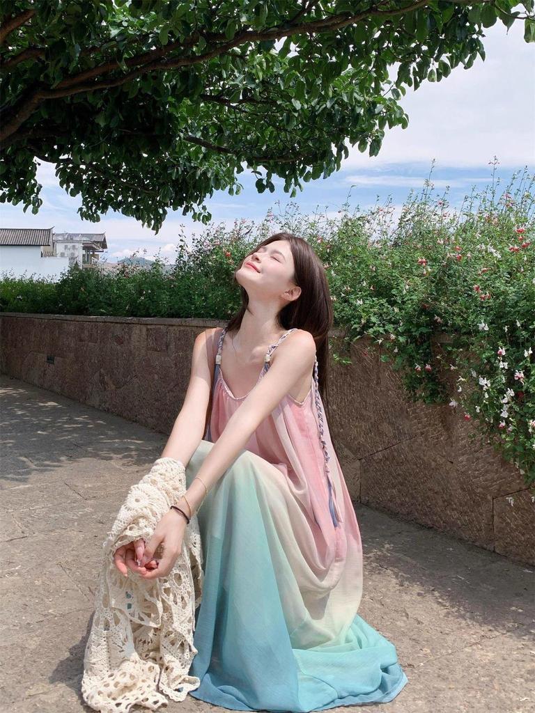 Korean Sweet Gradient Spaghetti Strap Beach Dress - 2026 Summer Seaside Vacation Design